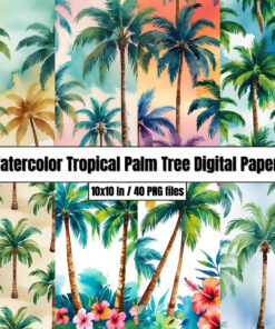 Watercolor Tropical Palm Tree Digital Papers - Digital Paper Clip Art