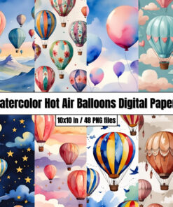 Watercolor Hot Air Balloons Digital Papers - Digital Paper Clip Art