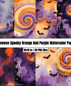 Halloween Spooky Orange And Purple Watercolor Papers - Digital Paper Clip Art