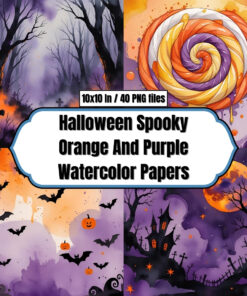Halloween Spooky Orange And Purple Watercolor Papers - Digital Paper Clip Art