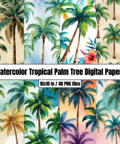 Watercolor Tropical Palm Tree Digital Papers - Digital Paper Clip Art