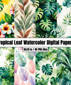Tropical Leaf Watercolor Digital Papers - Digital Paper Clip Art