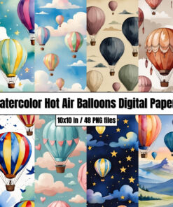 Watercolor Hot Air Balloons Digital Papers - Digital Paper Clip Art