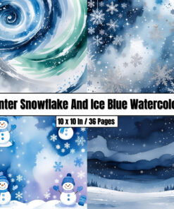 Winter Snowflake and Ice Blue Watercolors - Digital Paper Clip Art