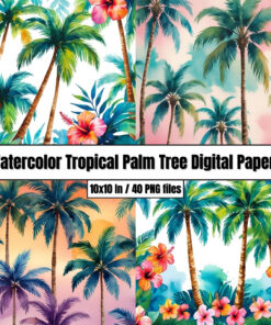 Watercolor Tropical Palm Tree Digital Papers - Digital Paper Clip Art