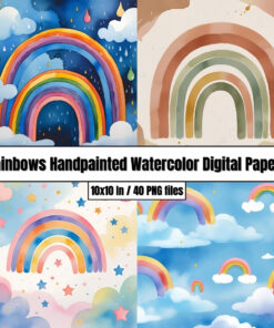 Rainbows Handpainted Watercolor Digital Papers - Digital Paper Clip Art