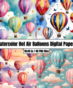 Watercolor Hot Air Balloons Digital Papers - Digital Paper Clip Art
