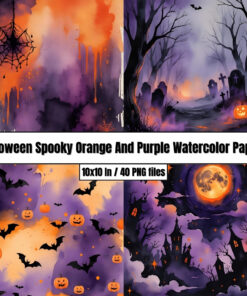 Halloween Spooky Orange And Purple Watercolor Papers - Digital Paper Clip Art