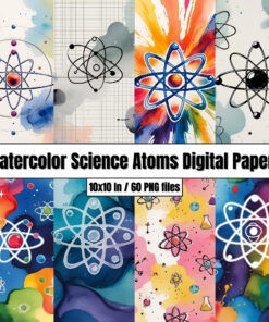 Watercolor Science Atoms Digital Papers / Handpainted Backgrounds Clip Art