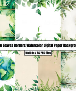 Green Leaves Borders — Watercolor Digital Paper Backgrounds