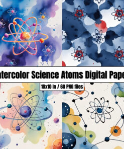 Watercolor Science Atoms Digital Papers / Handpainted Backgrounds Clip Art