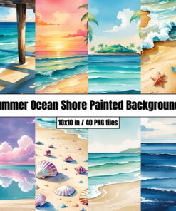 Watercolor Beach – Summer Ocean Shore Painted Backgrounds (Digital Paper Clip Art)