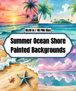 Watercolor Beach – Summer Ocean Shore Painted Backgrounds (Digital Paper Clip Art)